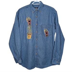 Vintage 90s Faded Glory Bird Screen Print Button Down Denim Top Unisex Men's Med
